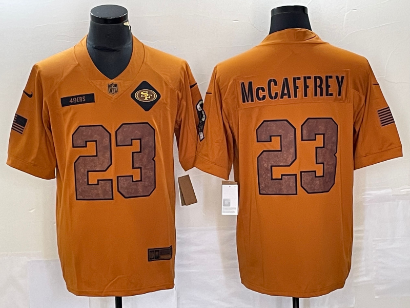 Men’s San Francisco 49ers Christian McCaffrey #23 Brown 2023 Salute To Service Retired Limited Jersey