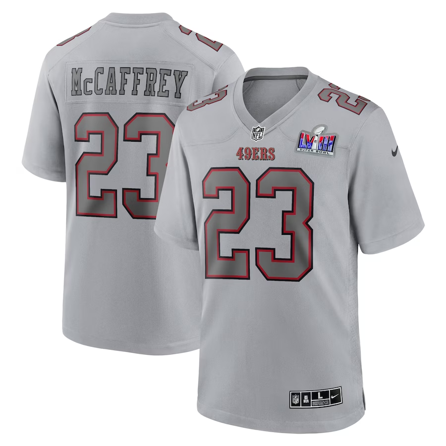 Men’s San Francisco 49ers Christian McCaffrey #23 Gray Super Bowl LVIII Atmosphere Jersey