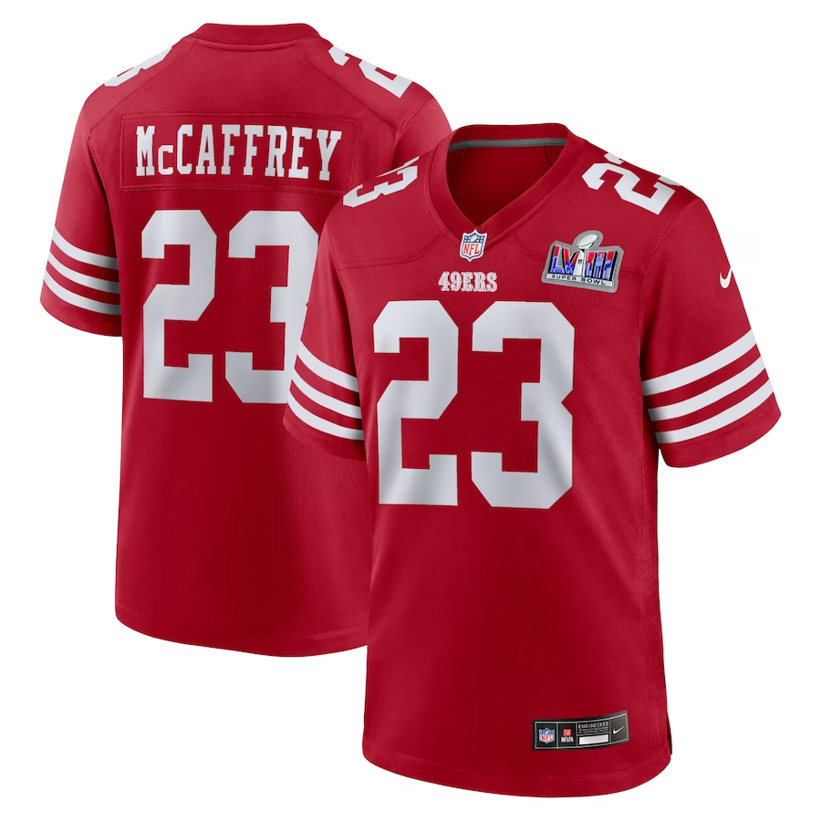 Men’s San Francisco 49ers Christian McCaffrey #23 Scarlet Super Bowl LVIII Jersey