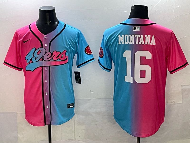 Men’s San Francisco 49ers Joe Montana #16 Pink/Blue Jersey