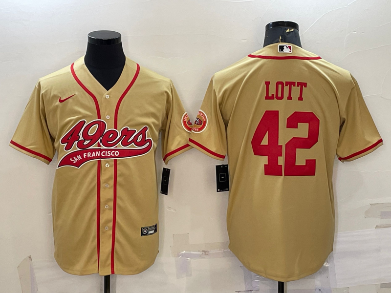 Men’s San Francisco 49ers Ronnie Lott #42 Gold Jersey Joint Edition