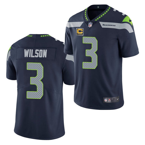 Men’s Seattle Seahawks #3 Russell Wilson Navy Captain Patch Vapor Limited Jersey