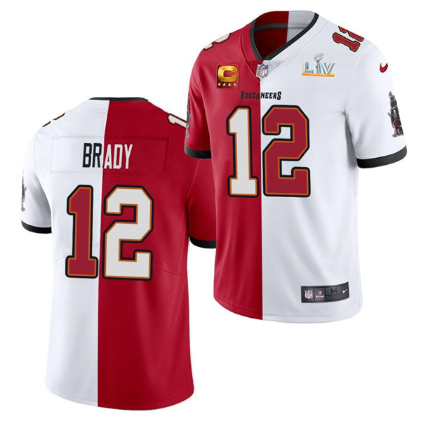 Men’s Tampa Bay Buccaneers #12 Tom Brady Red White Super Bowl LV Champions Nike Split Vapor Limited Jersey