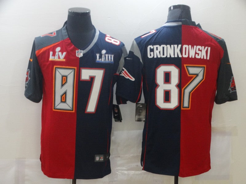 Men’s Tampa Bay Buccaneers Mix New England Patriots #87 Rob Gronkowski Super Bowl LV Champions Navy Red Nike Split Vapor Limited Jersey