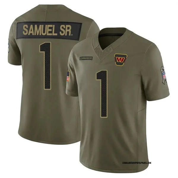 Mens Washington Commanders #1 Deebo Samuel Sr Nike 2025 Salute to Service Limited Jersey – Olive
